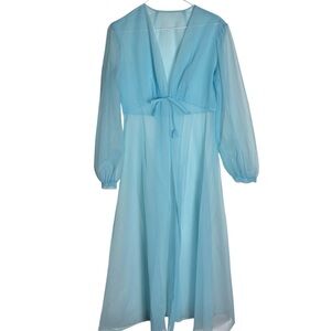 Vintage 70s pastel baby blue mesh tie balloon sleeve semi sheer lingerie robe